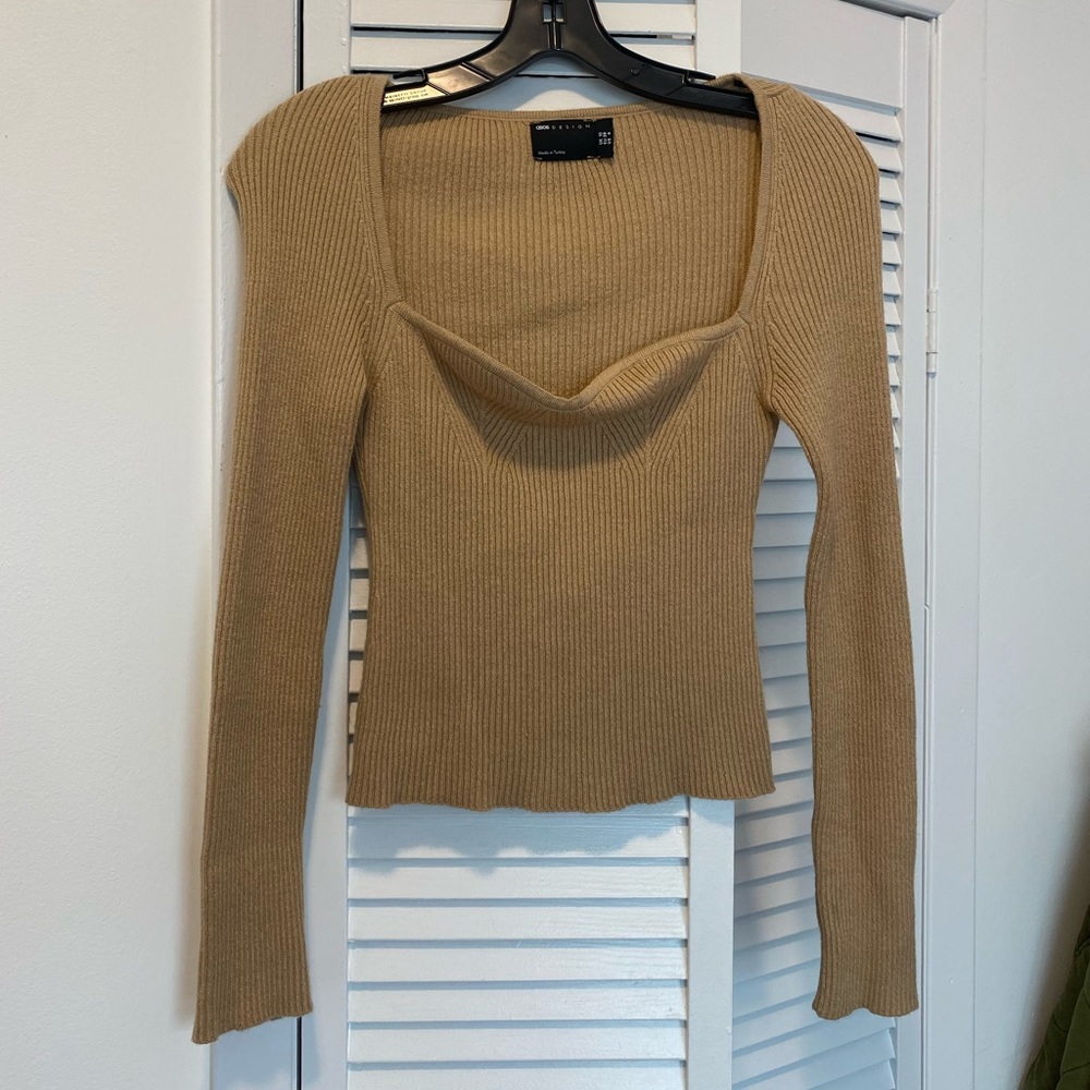ASOS Ribbed Long Sleeve Scoop Neck Top in Camel